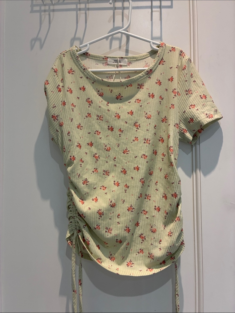 Active USA Light Green Ribbed Tee with Red Floral Print and Side Ruched Ties